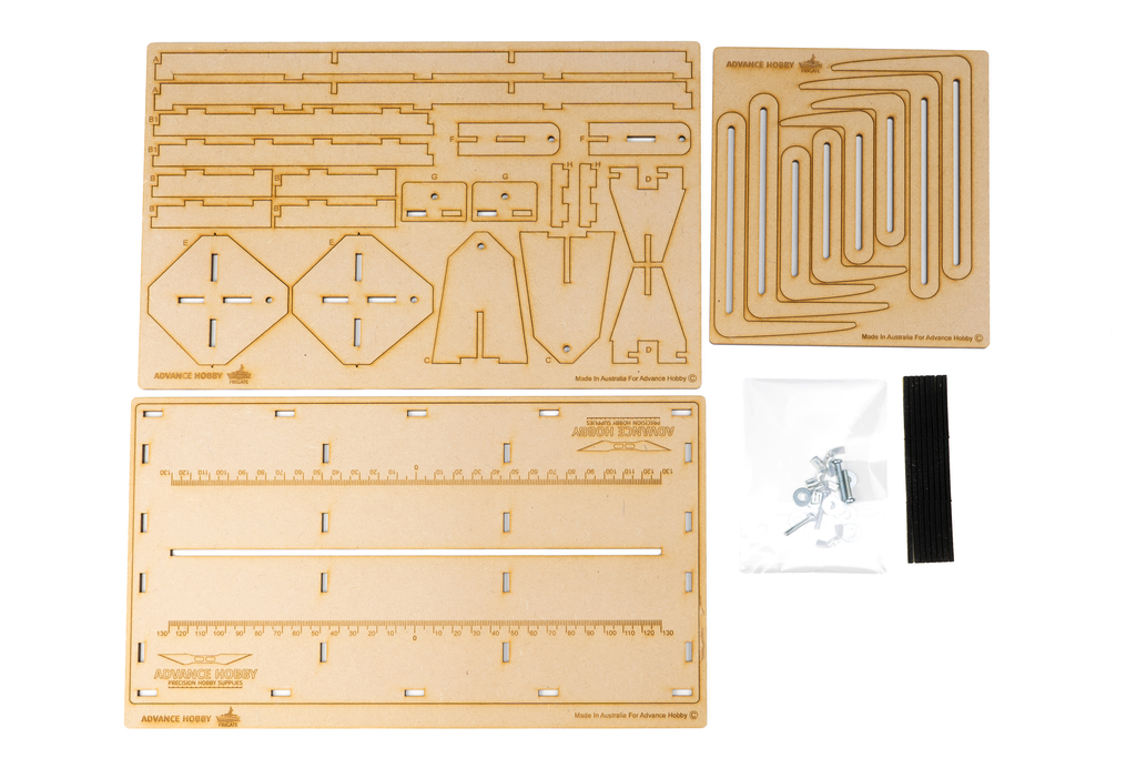 Parts included with the Advance Hobby Frigate jig