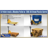 Gecko 1/35 5t Pallet truck & Wooden Pallet w- 200L Oil Drum-Plastic Barrel Set Plastic Model Kit