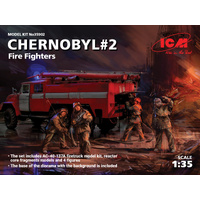 ICM 1/35 Chernobyl#2. Fire Fighters (AC-40-137A firetruck & 4 Figures & diorama base with background) Plastic Model Kit