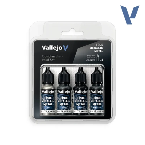 Vallejo True Metallic Metal Obsidian Black - 4 Colour Paint Set