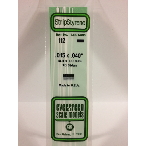 Evergreen White Polystyrene Strip 0.015 x 0.040 x 14" / 0.38mm x 1mm x 36cm (10)
