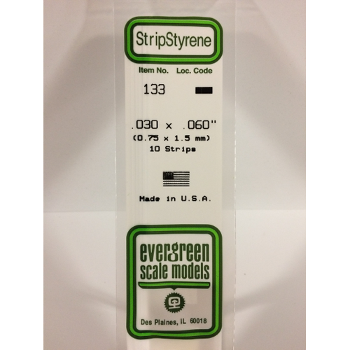 Evergreen White Polystyrene Strip 0.030 x 0.060 x 14" / 0.76mm x 1.5mm x 36cm (10)