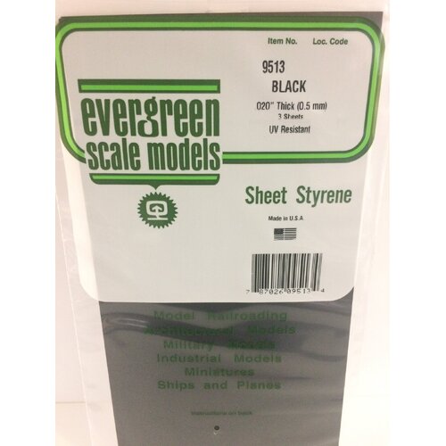 Evergreen Black Polystyrene Sheet 0.020 x 6 x 12" / 0.51mm x 15cm x 30cm (3)