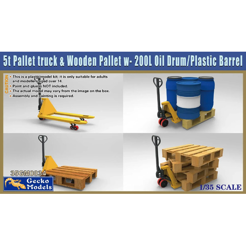 Gecko 1/35 5t Pallet truck & Wooden Pallet w- 200L Oil Drum-Plastic Barrel Set Plastic Model Kit