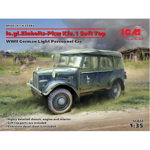 ICM 1/35 le.gl.Einheitz-Pkw Kfz.1 Soft Top WWII German Light Personnel Car Plastic Model Kit
