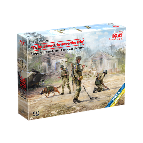 ICM 1/35 "To be ahead to save the life" Sappers of the Armed Forces of Ukraine (3 Figures and a sapper dog in a protective mask) Plastic Model Kit