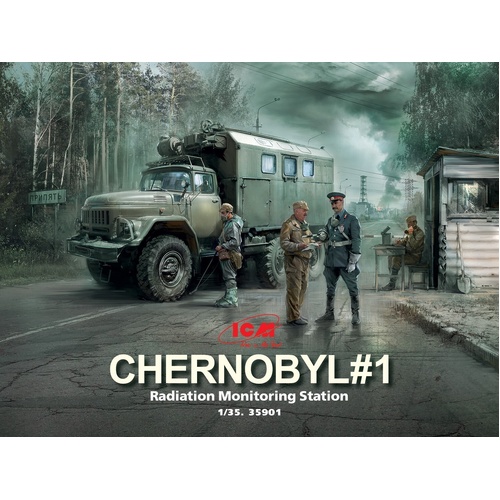 ICM 1/35 Chernobyl#1. Radiation Monitoring Station (ZiL-131KShM truck & 5 Figures & diorama base with background) Plastic Model Kit