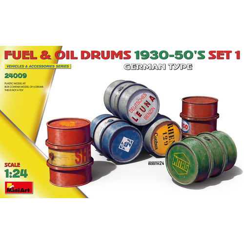 MiniArt 1/24 Fuel & Oil Drums 1930-50's Set 1 (German Type)  Plastic Model Kit