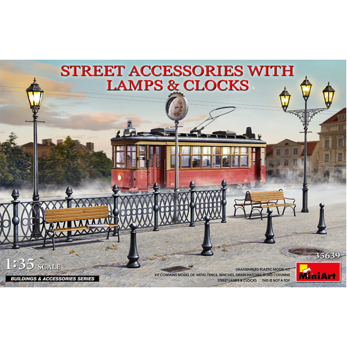 MiniArt 1/35 STREET ACCESSORIES WITH LAMPS & CLOCKS Plastic Model Kit