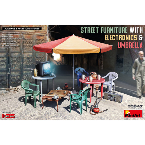 MiniArt 1/35 STREET FURNITURE WITH ELECTRONICS & UMBRELLA Plastic Model Kit