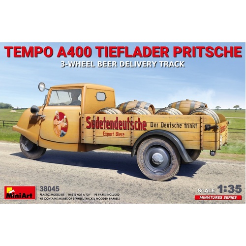 MiniArt 1/35 Tempo A400 Tieflader Pritsche 3-Wheel Beer Delivery Truck Plastic Model Kit