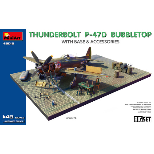 MiniArt 1/48 Thunderbolt P-47D Bubbletop w/Base & Accessories. Big Set Plastic Model Kit