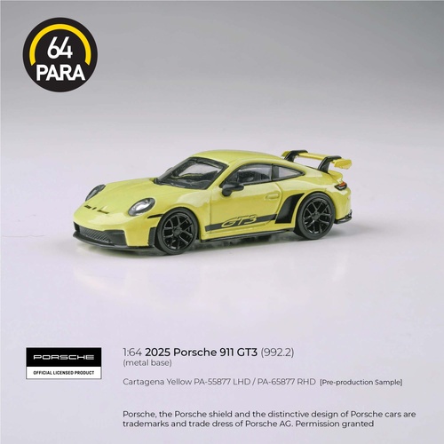 Para64 1/64 2025 Porsche 911 GT3 (992.2) Cartagena Yellow RHD Diecast Model Car