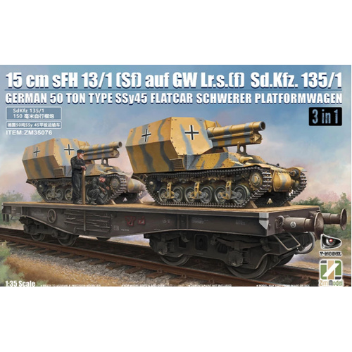 Zimi Model 1/35 15 cm sFH 13/1 (Sf)auf Gw Lrs.(f )Sd.Kfz.135/1 with German 50 Ton Type SSy45 Flatcar Schwerer Platformwagen [3 in 1] Plastic Model Kit